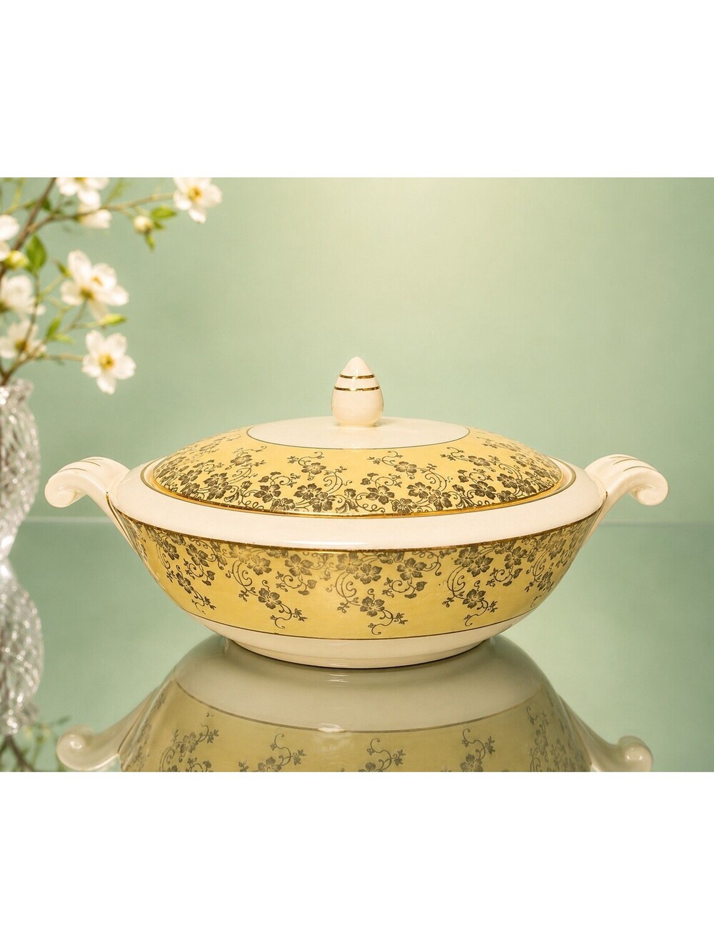 East End China 1900s Covered Vegetable Bowl Dish Floral Chintz Buttercream 8.5x6